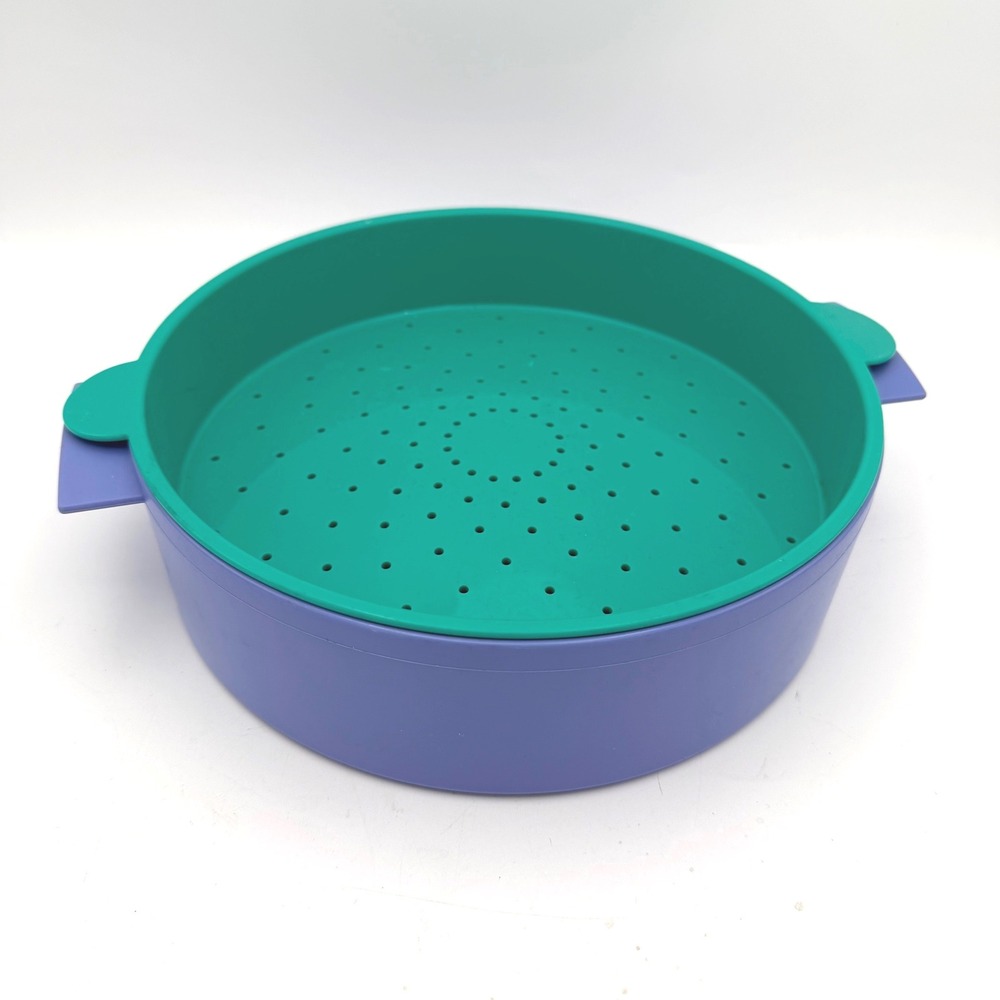 Tupperware Microwave Steamer Set Purple Teal 3066A-3 3067A-2 9.5" Round No Lid